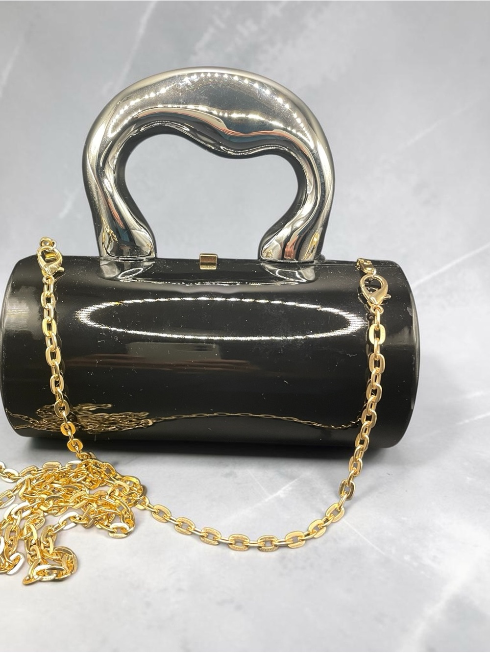 Black Cylinder Minaudière Clutch  with Gold Chain Detachable Strap
